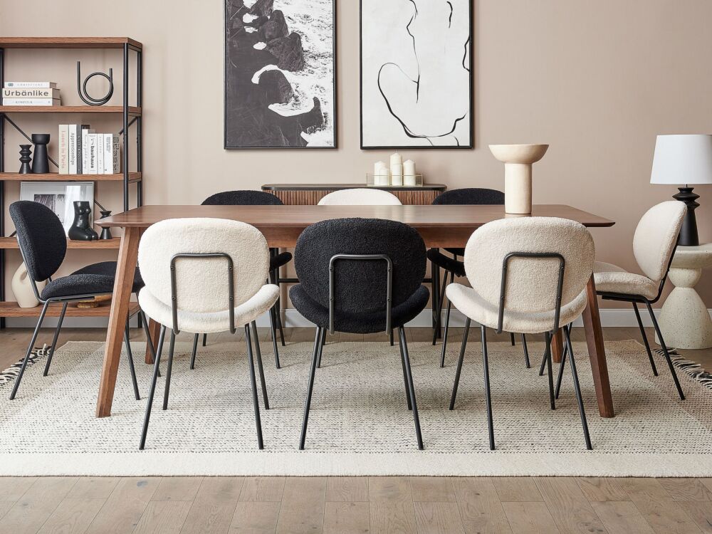 Set Of 2 Dining Chairs White Armless Leg Caps Boucle Black Iron Legs Contemporary Retro Design Dining Room Seating Beliani