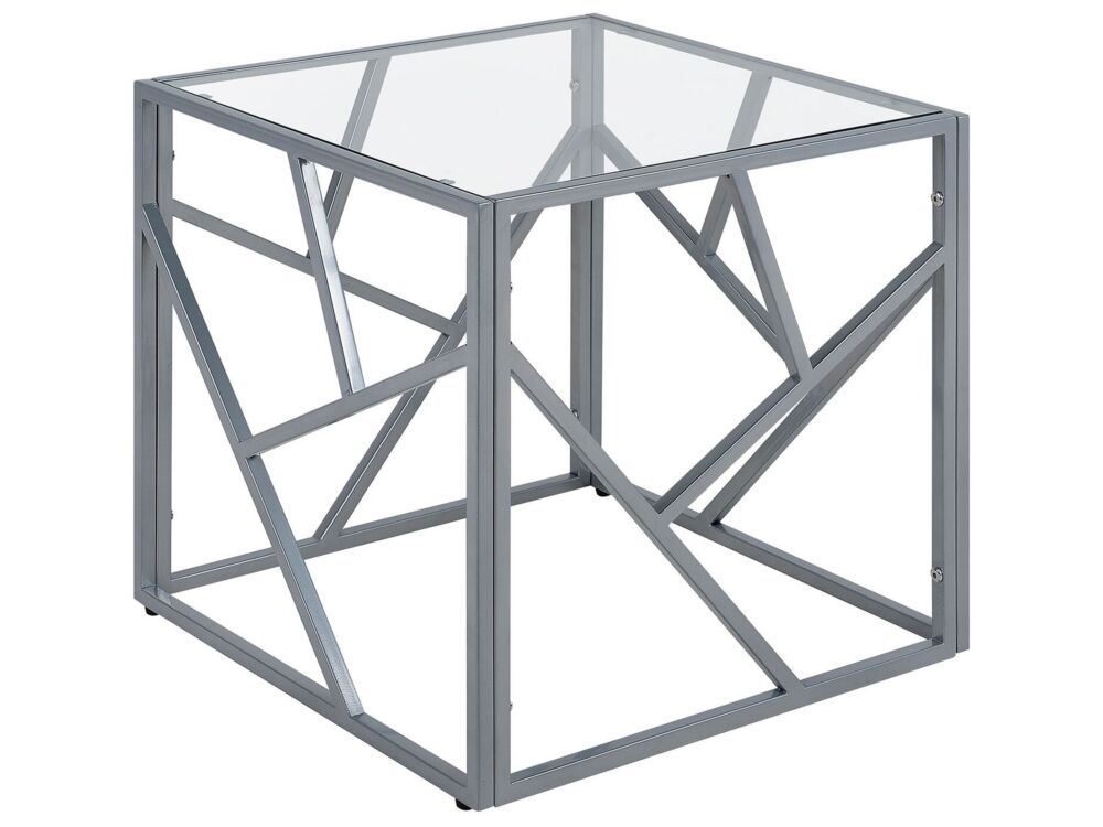 Side Table Transparent Glass Top Silver Metal Frame Cube 50 X 50 Cm Glam Modern Beliani