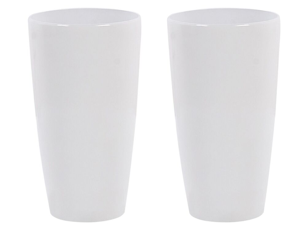 Indoor Outdoor Set Of 2 Plant Flower Pots White Stone Mixture High Gloss Round Tall 32 Cm Modern Design Beliani