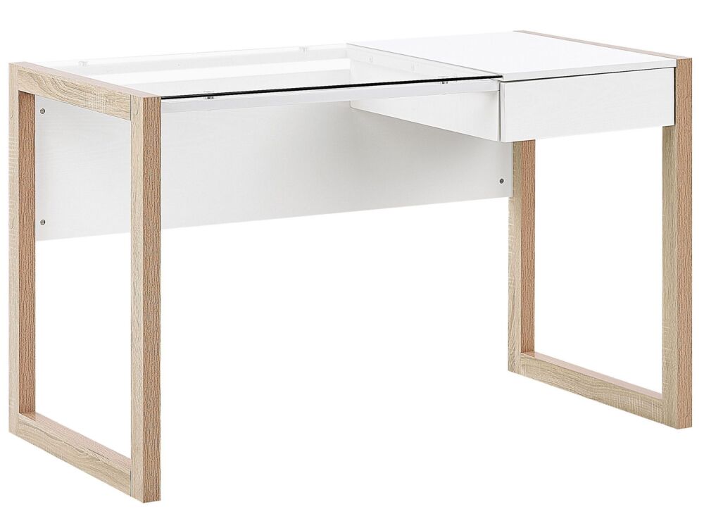 Home Desk White Wooden Drawer Storage Light Wood Glass Table Top 120 X 60 Cm Minimalist Design Beliani