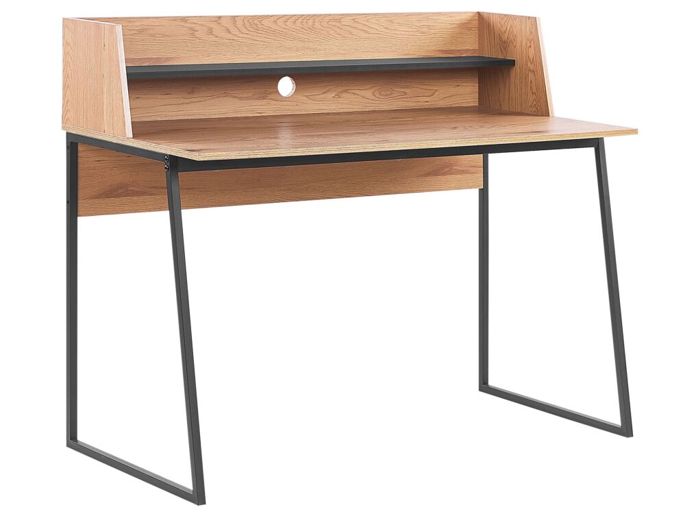 Home Office Desk Light Wood With Black Engineered Wood Top 120 X 59 Cm With Shelf Steel Frame Beliani