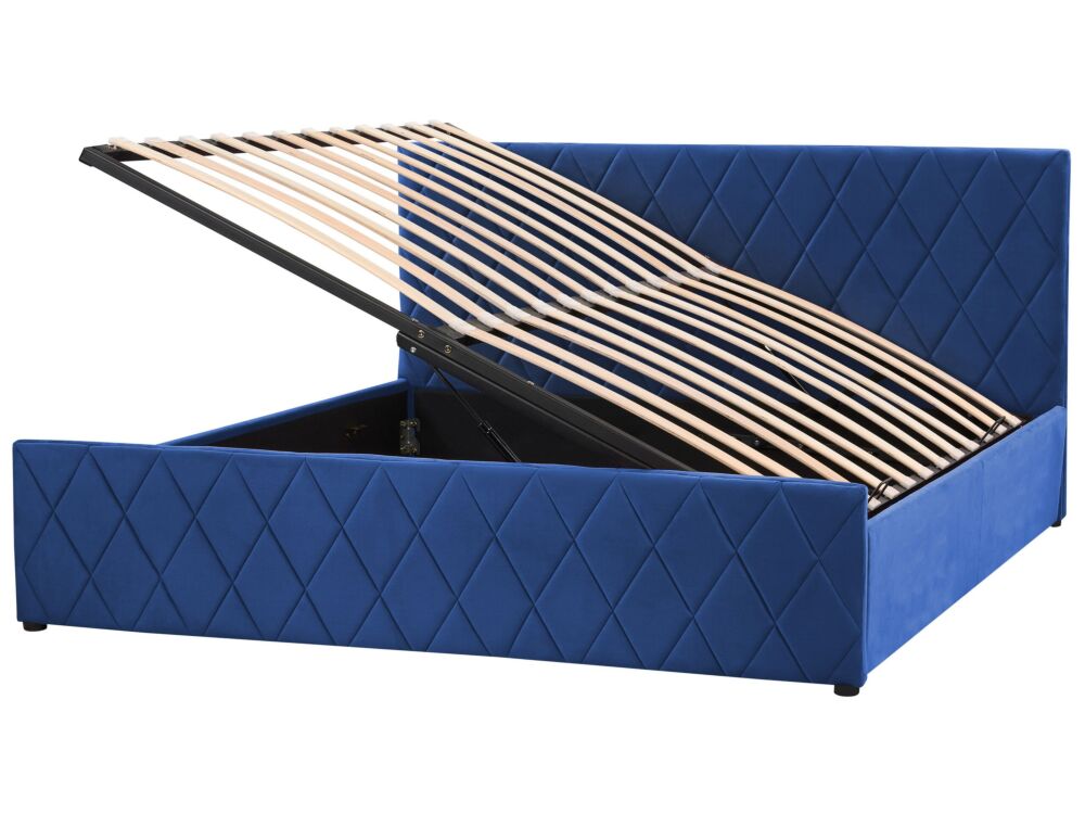 Storage Bed Blue Velvet Upholstery Eu Super King 6ft With Slatted Base Diamond-tufted Headboard Beliani
