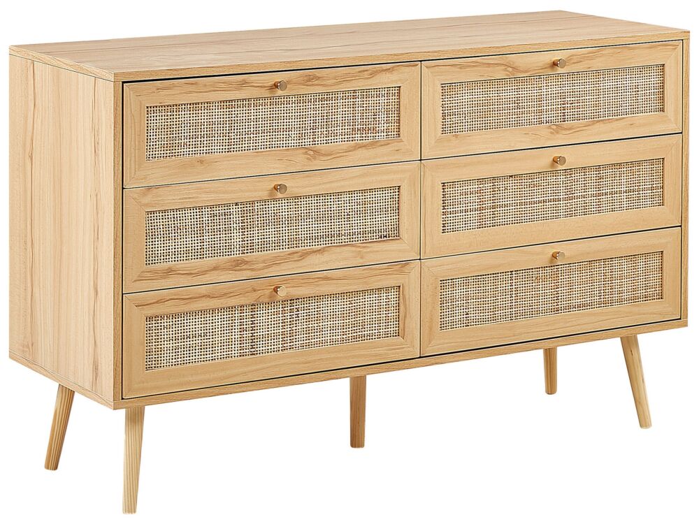 Rattan 6 Drawer Chest Light Wood Manufactured Wood With Rattan Front Drawers Boho Style Sideboard Beliani