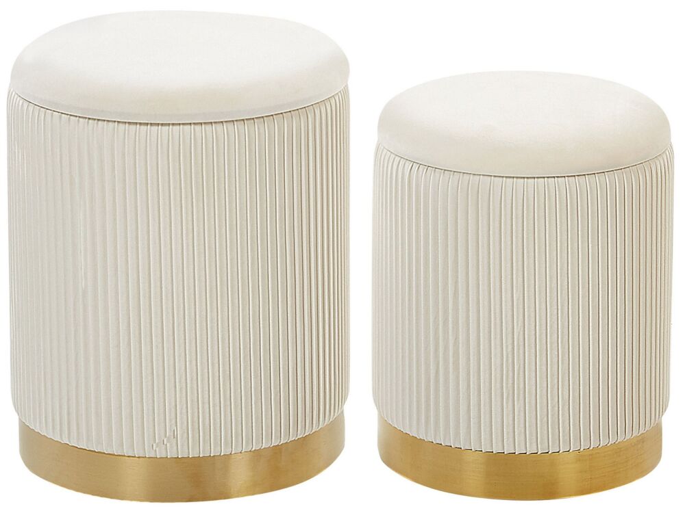 Set Of 2 Storage Pouffes White Polyester Velvet Upholstery Gold Base Modern Design Horizontal Tuft Living Room Accent Piece Beliani