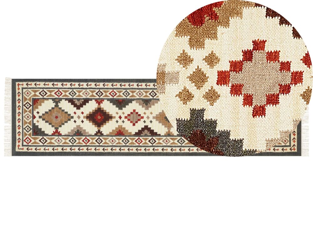 Wool Area Rug Multicolour 80 X 300 Cm Hand Woven Kilim Rug Rustic Oriental Design Beliani