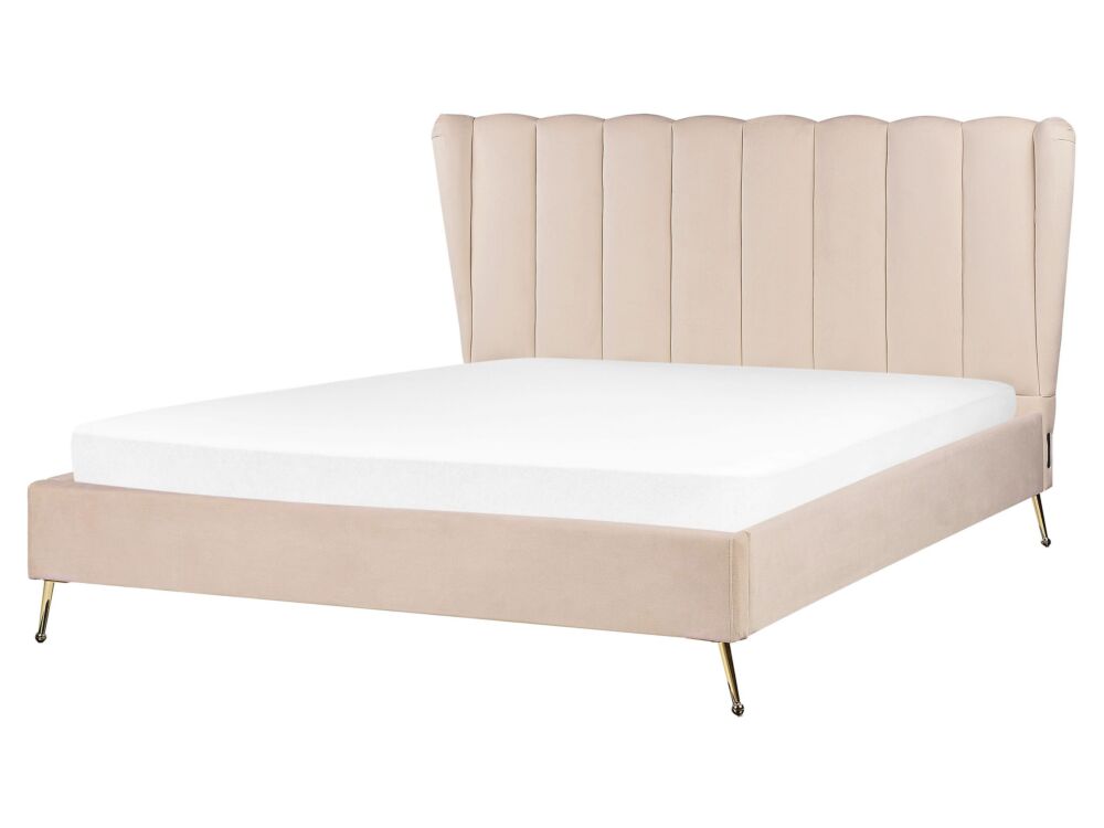 Bed Frame Beige Velvet Upholstery Golden Metal Legs Eu King Size 5ft3 With Usb Port Headboard Modern Glam Bedroom Beliani