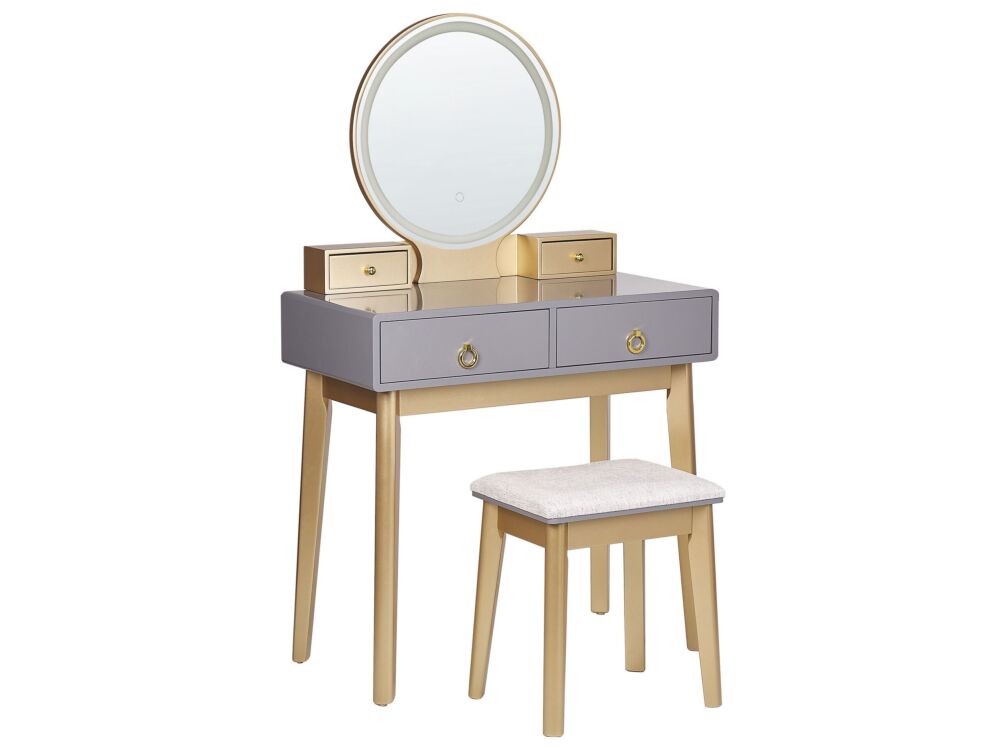 Dressing Table Grey And Gold Mdf 4 Drawers Led Mirror Stool Living Room Furniture Glam Design Beliani