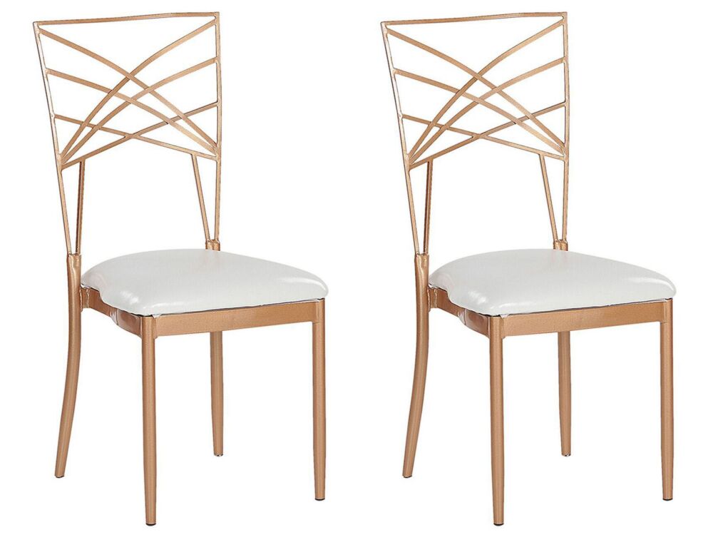 Set Of 2 Dining Chairs Gold Metal Faux Leather White Seat Pad Accent Industrial Glam Style Beliani