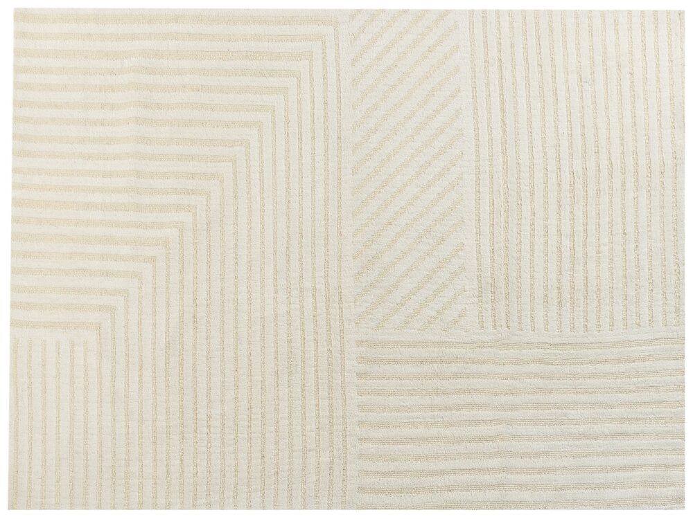 Area Rug Beige Wool 300 X 400 Cm Striped Pattern Solid Colour Modern Minimalistic Living Room Rug Beliani