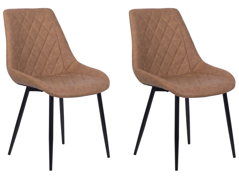 Set Of 2 Dining Chairs Golden Brown Faux Leather Quilted Upholstery Kitchen Beliani