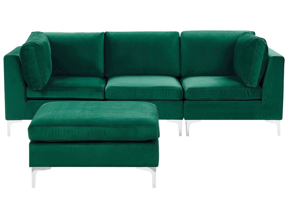 Modular Sofa Green Velvet 3 Seater With Ottoman Silver Metal Legs Glamour Style Beliani