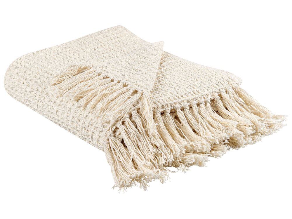 Blanket Beige Cotton 125 X 150 Cm Waffle Weave Knitted Throw Boho Style Living Room Bedroom Accent Piece Beliani