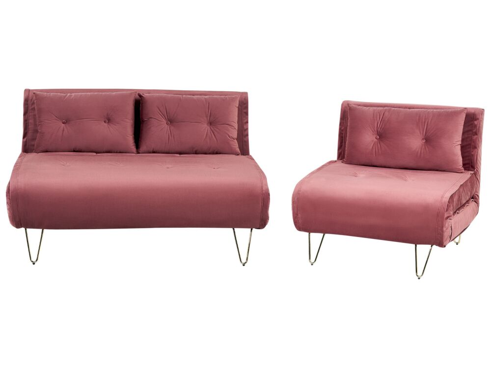 Living Room Set Pink Velvet Single And 2 Seater Sofa Bed With Cushions Metal Hairpin Legs Glamour Beliani