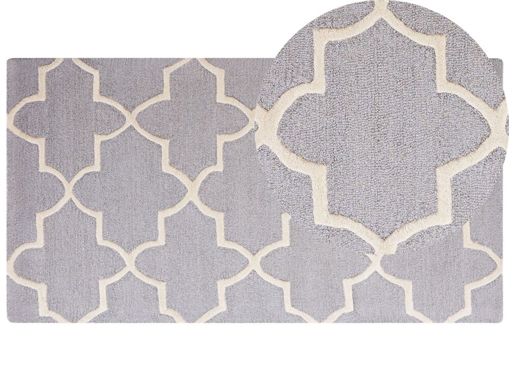 Rug Grey Wool 80 X 150 Cm Trellis Quatrefoil Pattern Hand Tufted Oriental Moroccan Clover Beliani