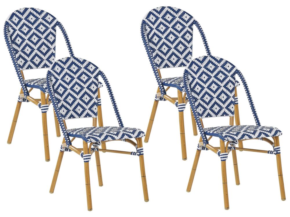 Set Of 4 Garden Chairs Blue And White Pe Rattan Seat Aluminium Frame Indoor Outdoor Set Beliani
