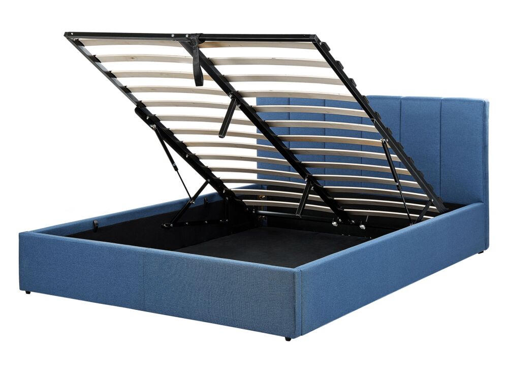 Bed Frame Blue Fabric Upholstery Eu King Size 5ft Lift Up Storage With Headboard And Slatted Base Beliani