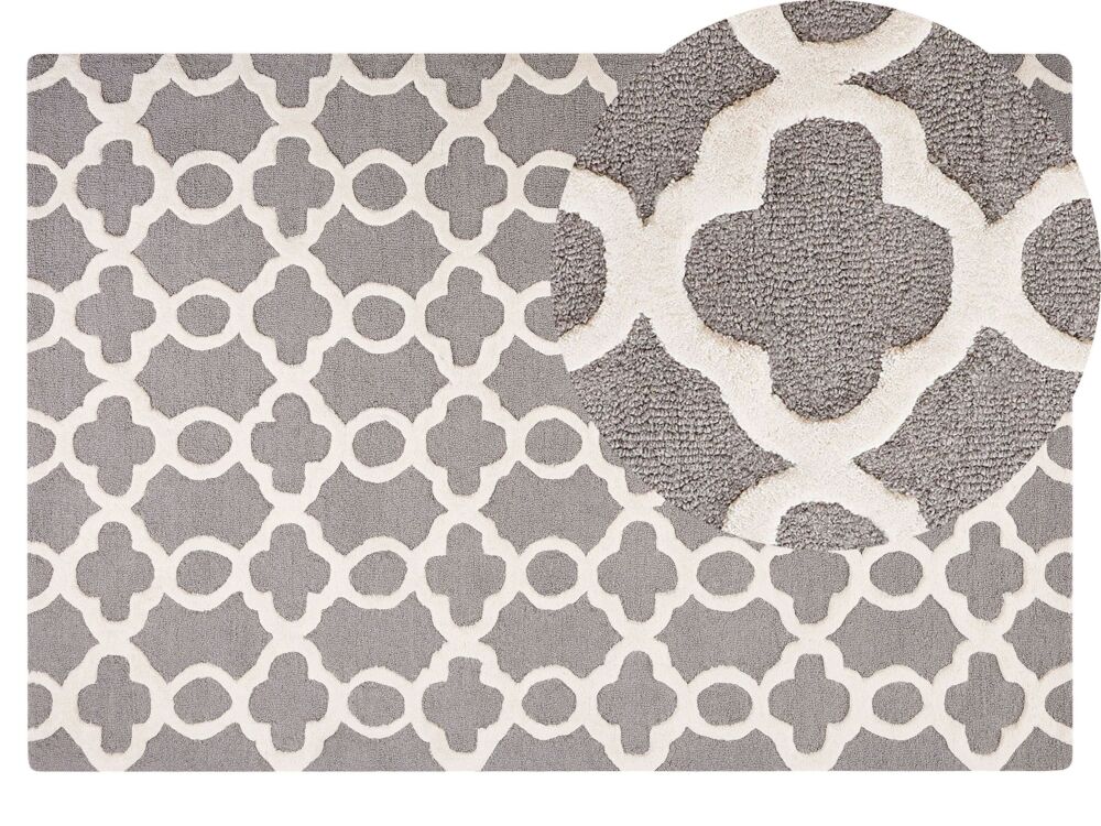 Rug Grey Wool 140 X 200 Cm Trellis Quatrefoil Pattern Hand Tufted Oriental Moroccan Clover Beliani