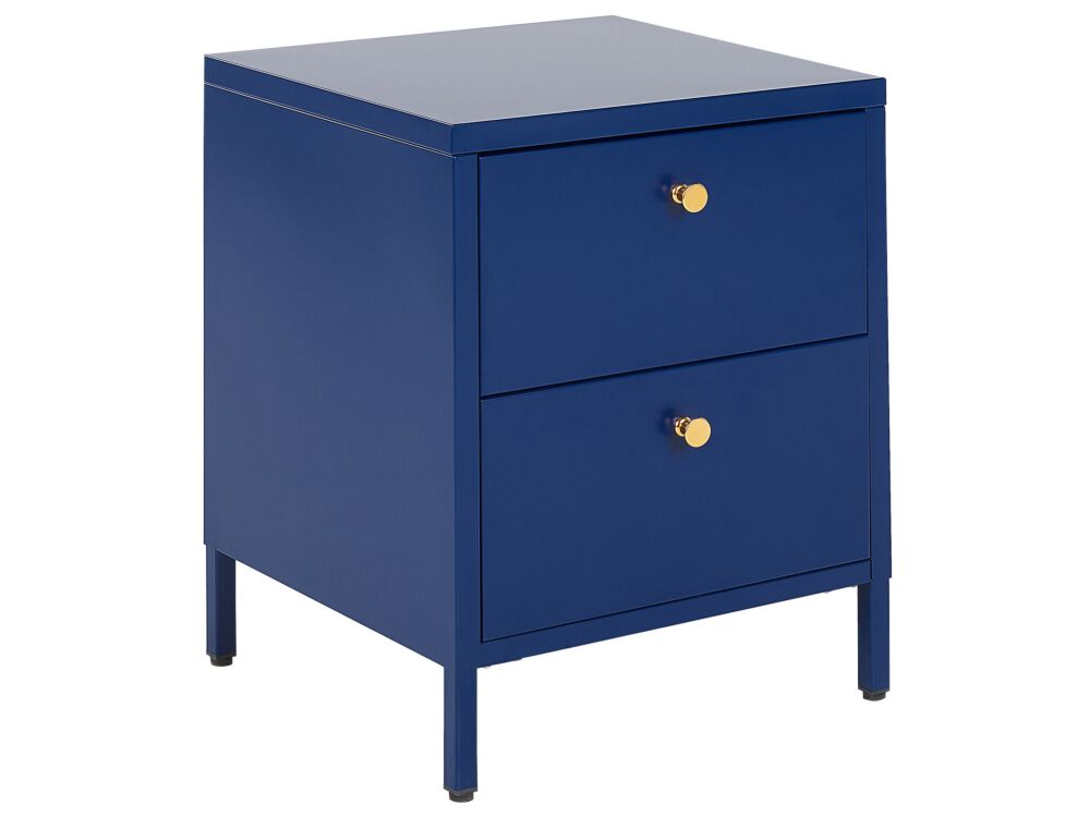 Bedside Table Blue Steel Nightstand Industrial Design 2 Drawers Bedroom Storage Furniture Beliani