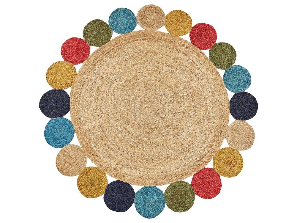 Area Rug Natural Jute Multicolour Round Country Living Room Ø 140 Cm Beliani