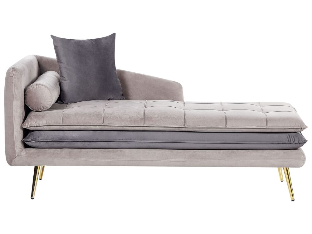 Chaise Lounge Beige And Grey Velvet Left Hand Tufted Buttoned Thickly Padded With Cushions Left Hand Living Room Furniture Beliani