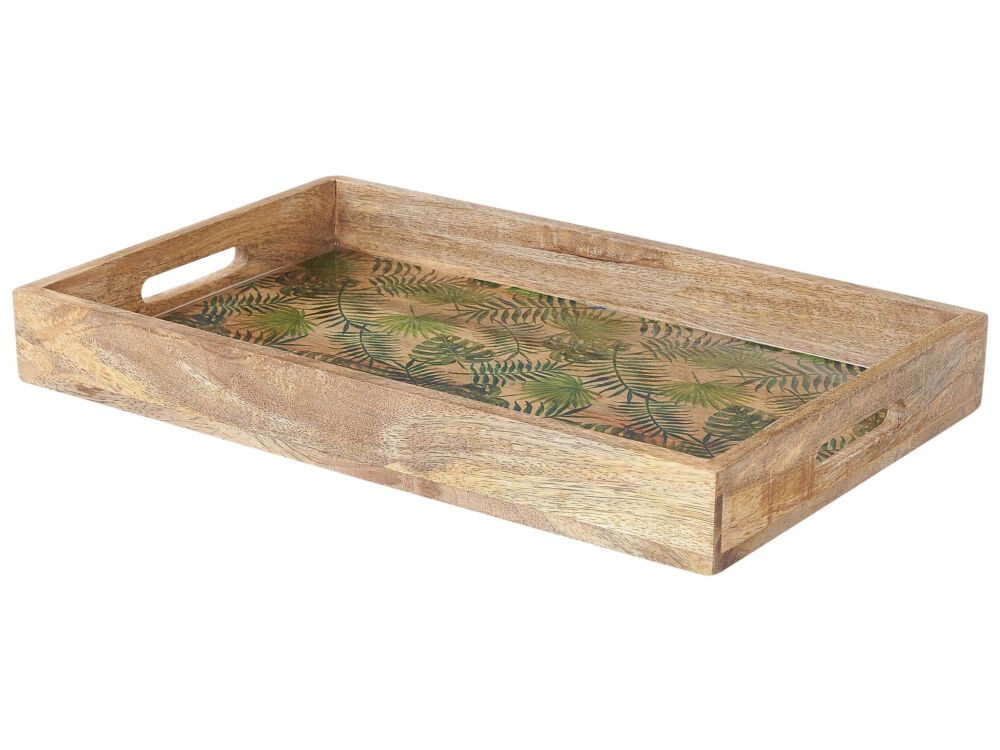 Decorative Tray Light Mango Wood And Green Leaves Pattern Trinket Dish Beliani