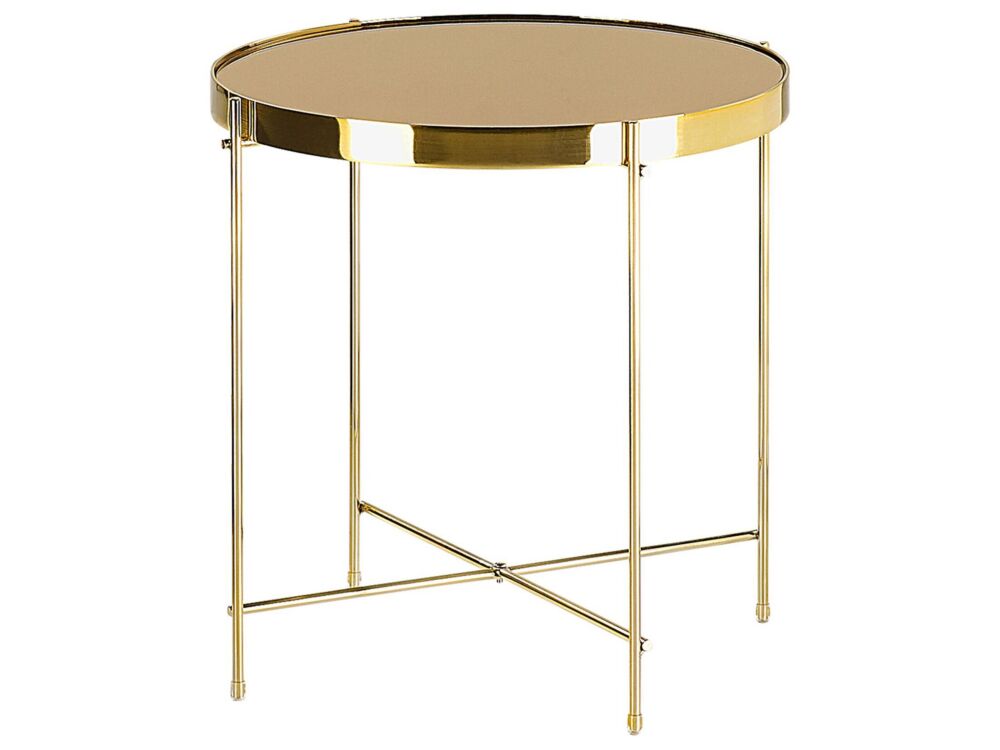 Side Table Golden Brown Tempered Glass Top Gold Metal Legs Round Glam Shiny Beliani