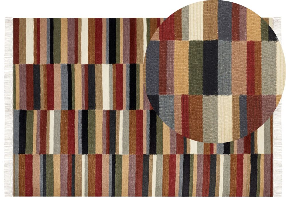 Kilim Area Rug Multicolour Wool 160 X 230 Cm Hand Woven Flat Weave Geometric Pattern With Tassels Traditional Living Room Bedroom Beliani