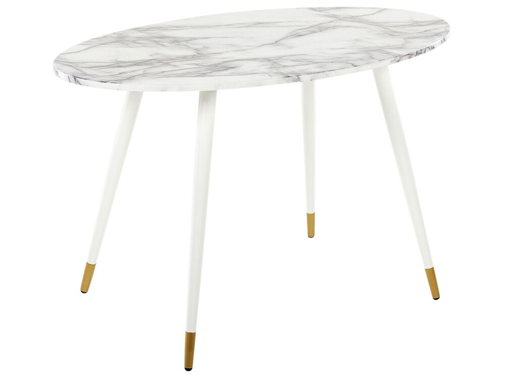 Dining Table Marble Effect And White Mdf And Metal Legs 120 X 70 Cm Glossy Finish Oval Glam Beliani