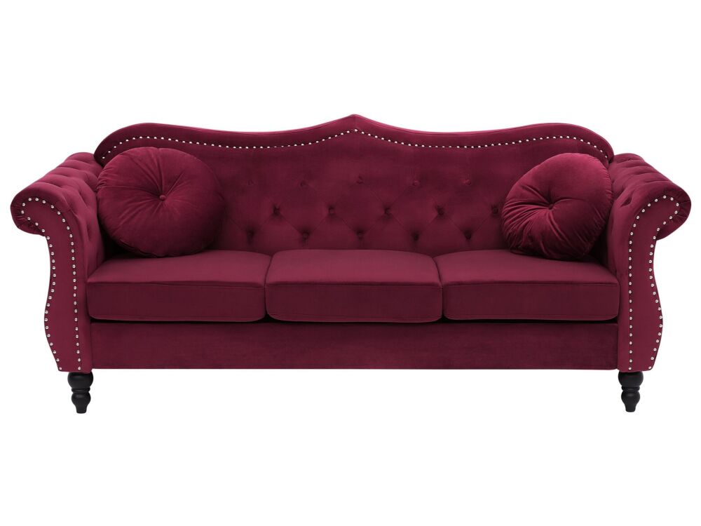 Sofa Red Velvet 3 Seater Nailhead Trim Button Tufted Throw Pillows Rolled Arms Glam Beliani