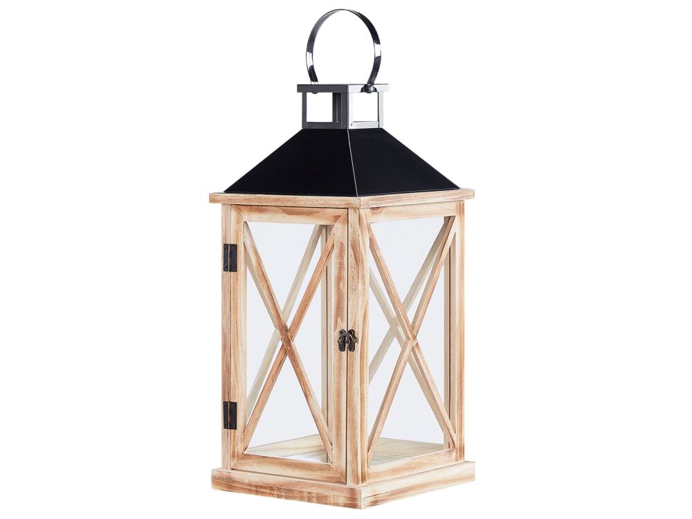 Pine Wood Lantern Brown 61 Cm Pillar Candle Holder Glass Doors Indoor Decorative Piece Beliani