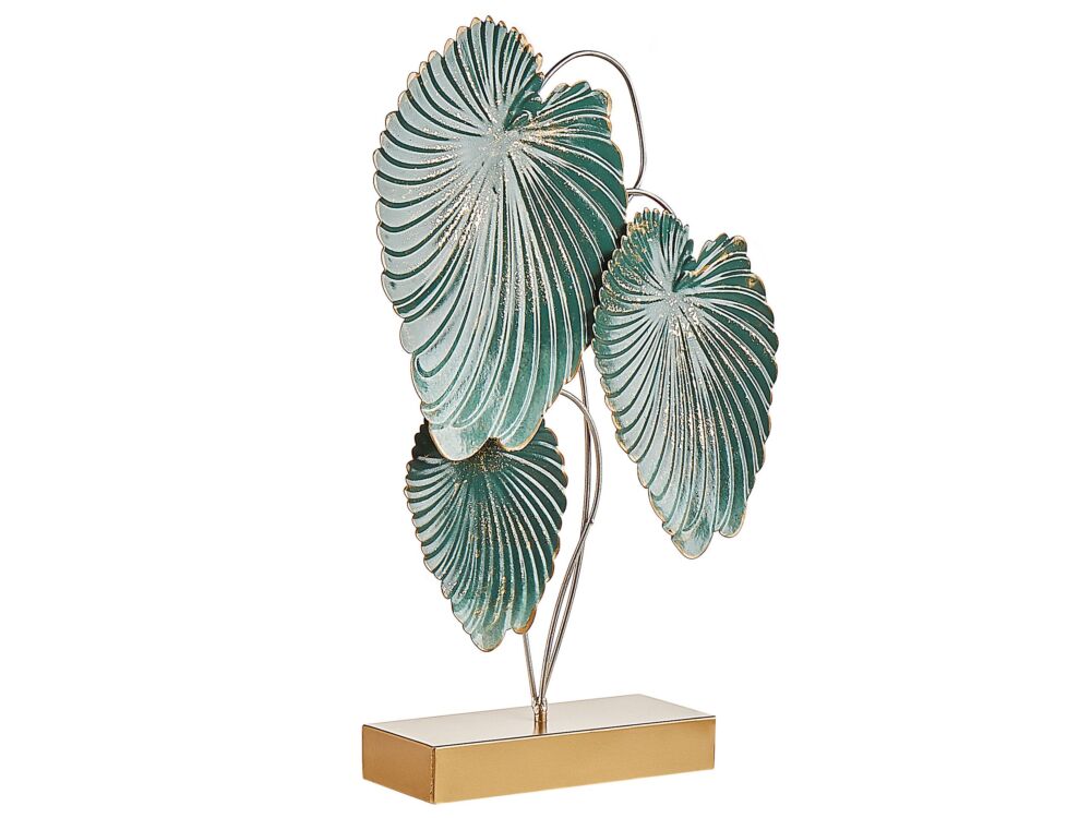 Decorative Figurine Gold And Teal Iron 44 Cm Statue With Leaves On Stand Statuette Ornament Decor Accessories Beliani