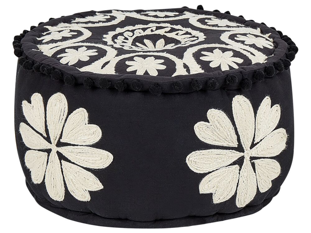 Pouffe Black And White Cotton 50 X 30 Cm Embroidered Pattern Decorative Seat Handmade Boho Modern Style Living Room Bedroom Beliani