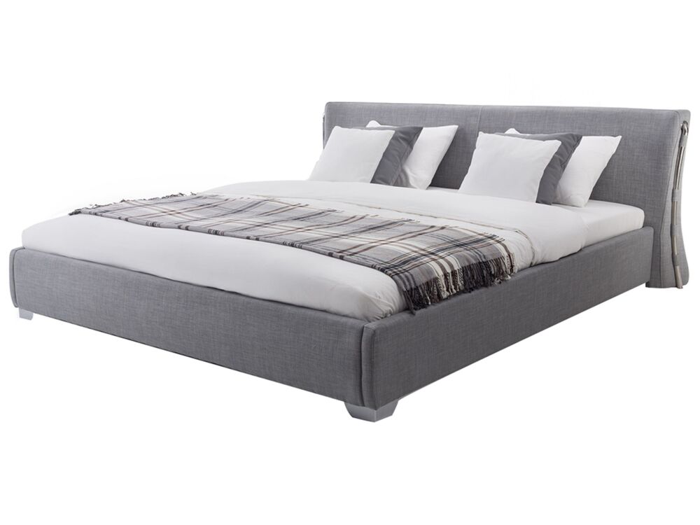 Eu Super King Size Panel Bed 6ft Grey Fabric Slatted Frame Contemporary Beliani