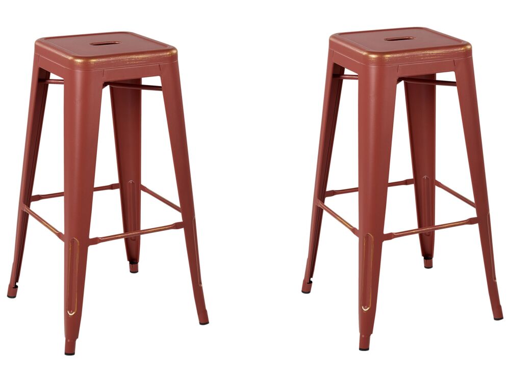 Set Of 2 Bar Stools Red With Gold Steel 76 Cm Stackable Counter Height Industrial Beliani