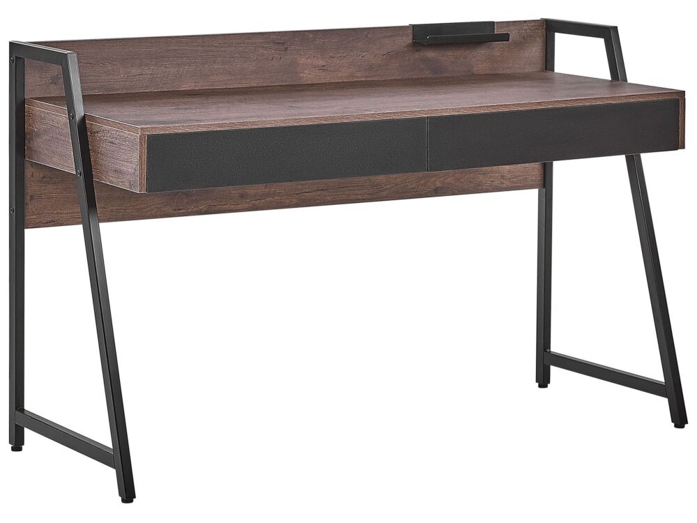 Home Office Desk Dark Wood Top 120 X 50 Cm Black Metal Frame With 2 Drawers Beliani