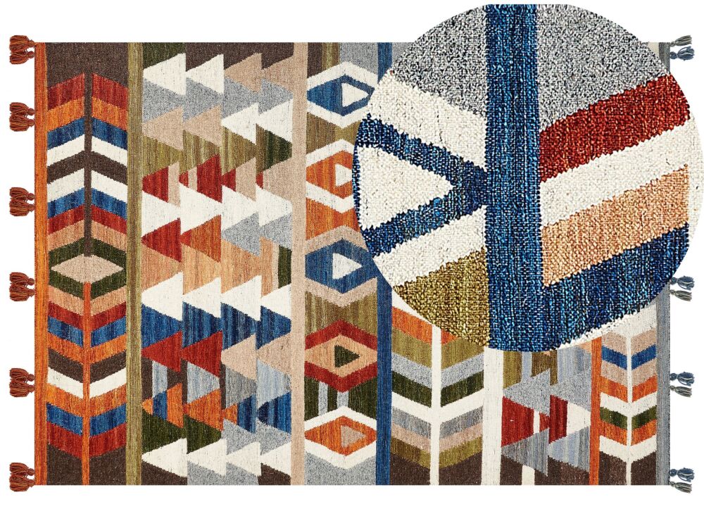 Kilim Area Rug Multicolour Wool And Cotton 160 X 230 Cm Handmade Woven Boho Geometric Pattern With Tassels Beliani