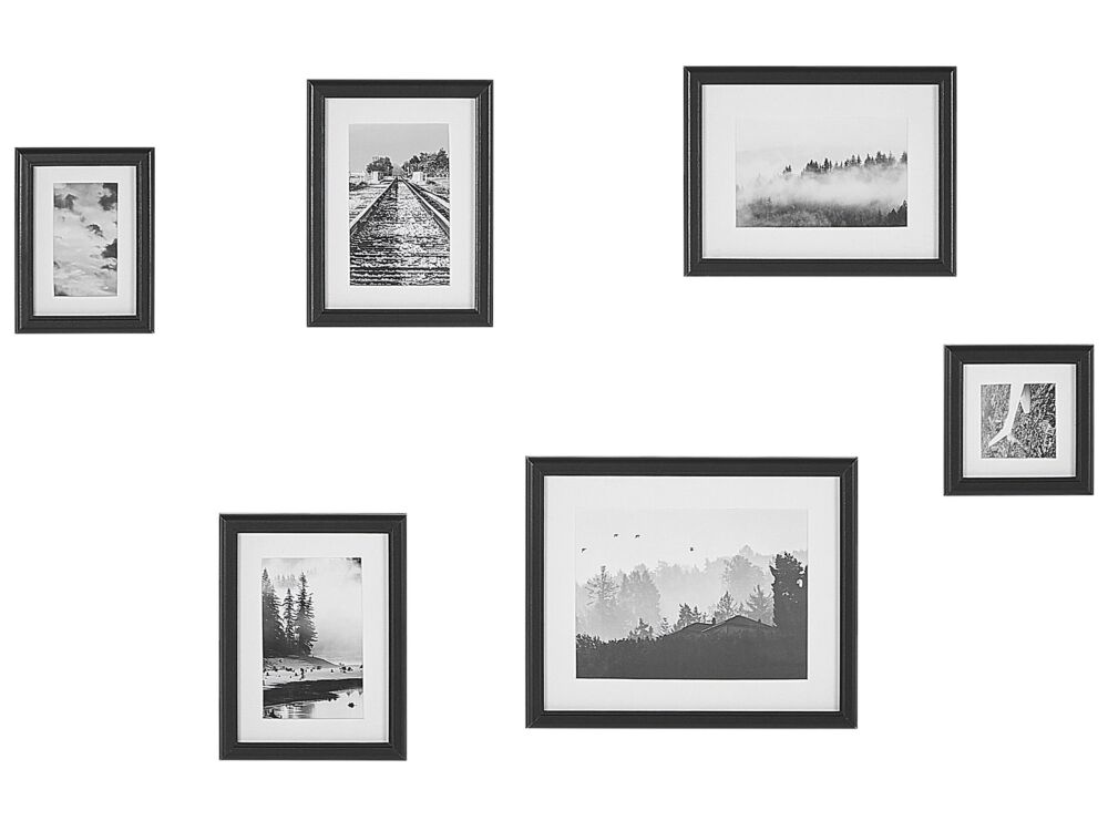 Set Of 6 Framed Photos Black Various Sizes Modern Passpartout Wall Decor Gallery Hooks Beliani