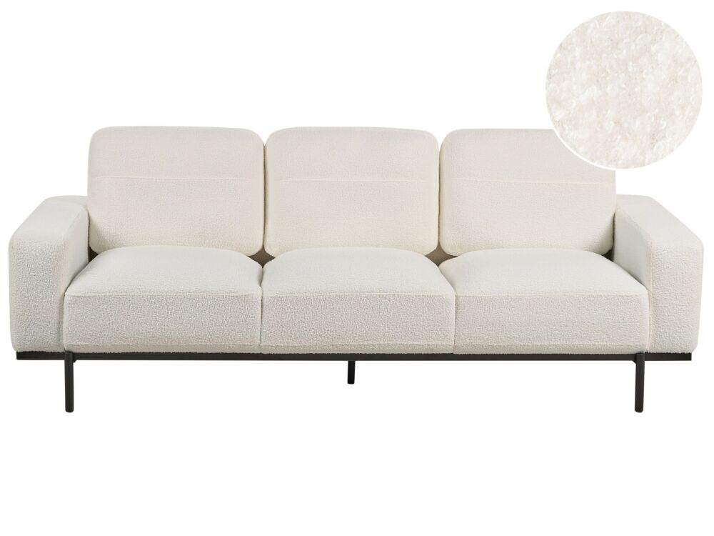 Sofa White Boucle Black Metal Legs 215 X 87 X 72 Cm 3 Seater Classic Couch Settee Living Room Modern Beliani