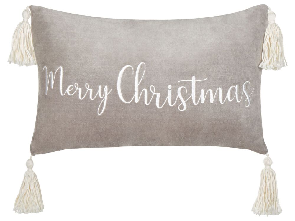 Scatter Cushion Grey Cotton Velvet 30 X 50 Cm Christmas Motif Caption With Tassels Accessories Festive Decor Beliani
