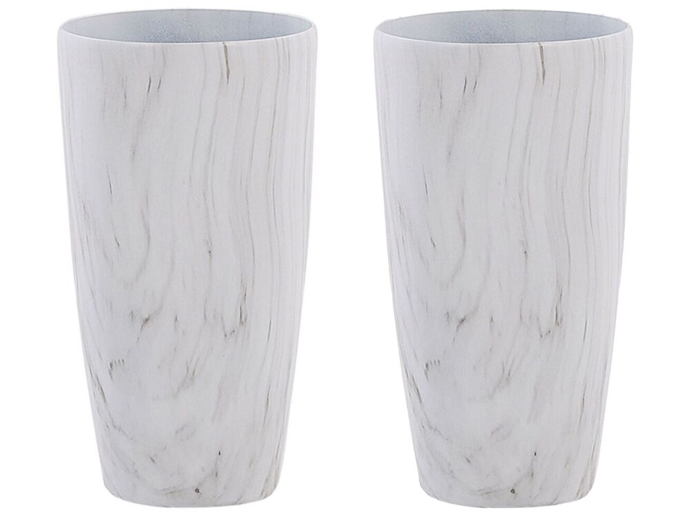 Set Of 2 Outdoor Indoor Plant Pots Marble Effect White Stone Mixture Round 32 Cm Modern Design Beliani