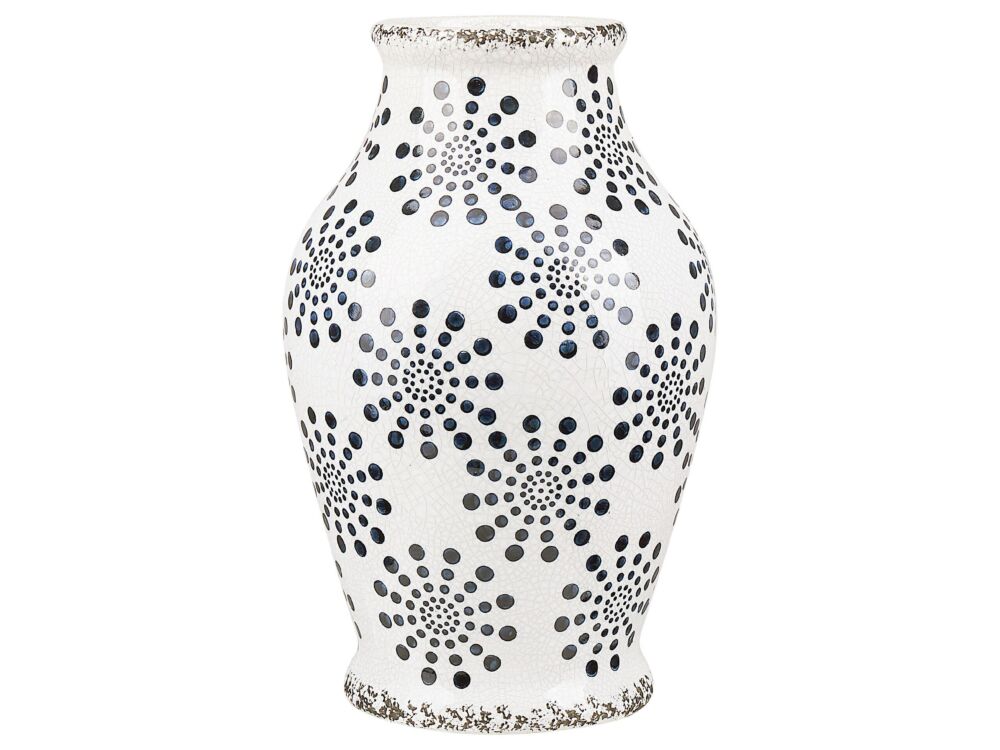 Flower Vase White And Blue Stoneware Waterproof Distressed Look Dot Pattern Retro Design Beliani