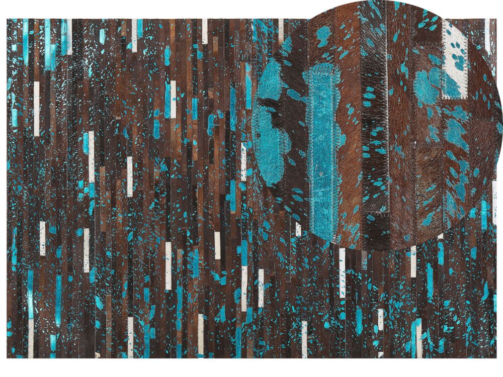 Area Rug Brown And Blue Cowhide Leather 160 X 230 Cm Patchwork Striped Surface Beliani