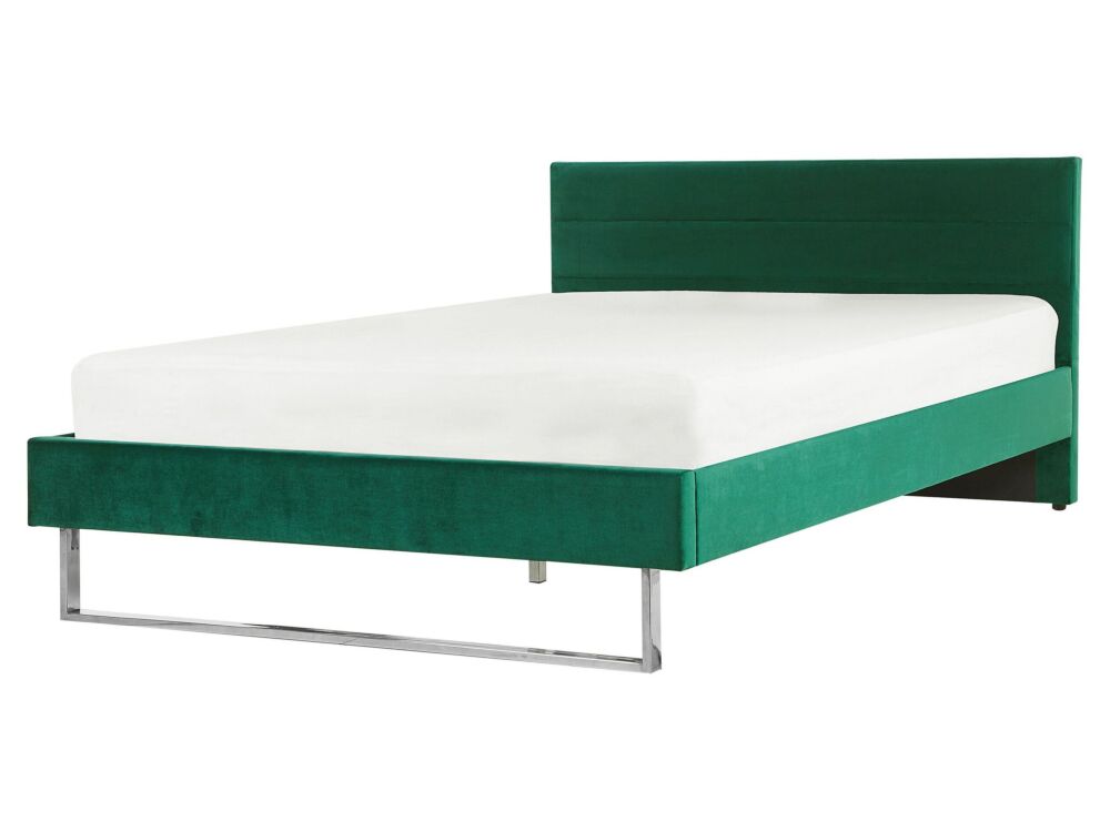 Upholstered Bed Frame Green Velvet Eu King Size 5ft3 160 X 200 Cm Green Headboard Silver Leg Glam Beliani