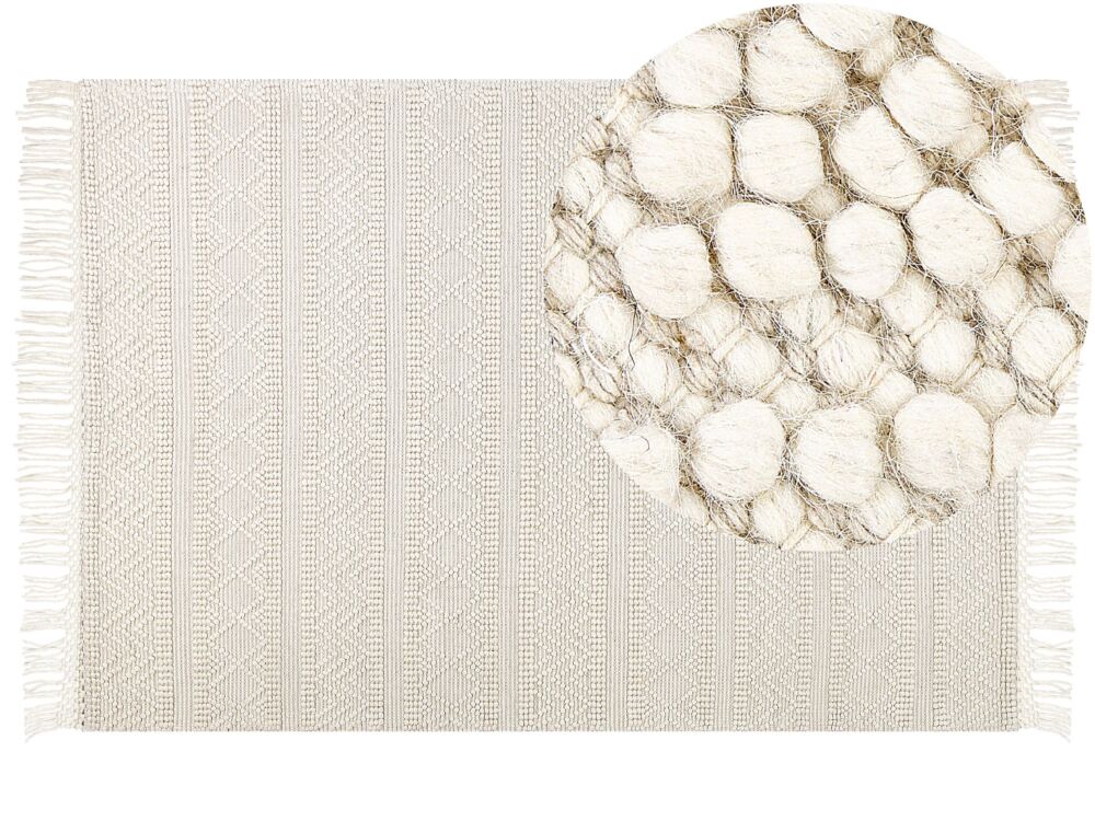 Area Rug Beige Wool 160 X 230 Cm With Tassels Hand Woven Living Room Bedroom Boho Modern Beliani