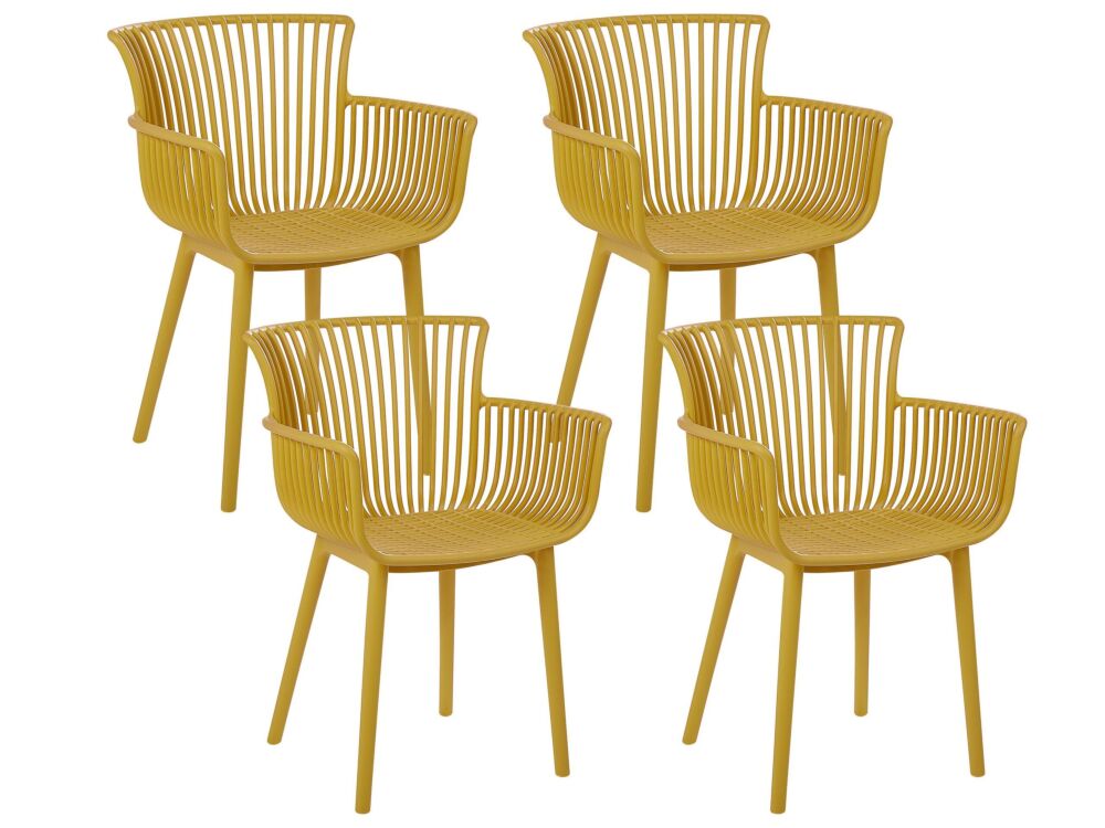 Set Of 4 Dining Chairs Yellow Plastic Indoor Outdoor Garden With Armrests Minimalistic Style Beliani