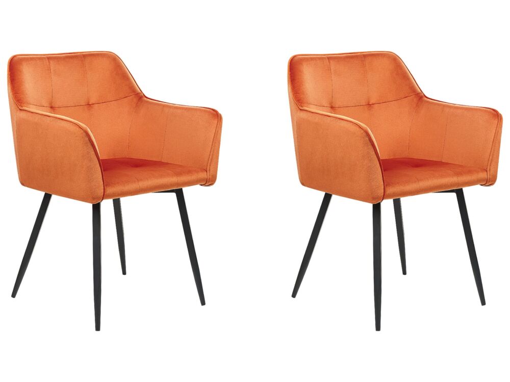 Set Of 2 Dining Chairs Orange Beige Velvet Upholstered Seat With Armrests Black Metal Legs Beliani