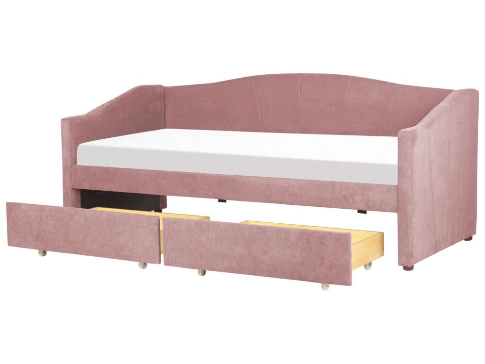 Daybed Pink Eu Single Size Polyester Upholstery Slatted Frame Eucalyptus Wood Plywood Drawers Modern Bedroom Beliani