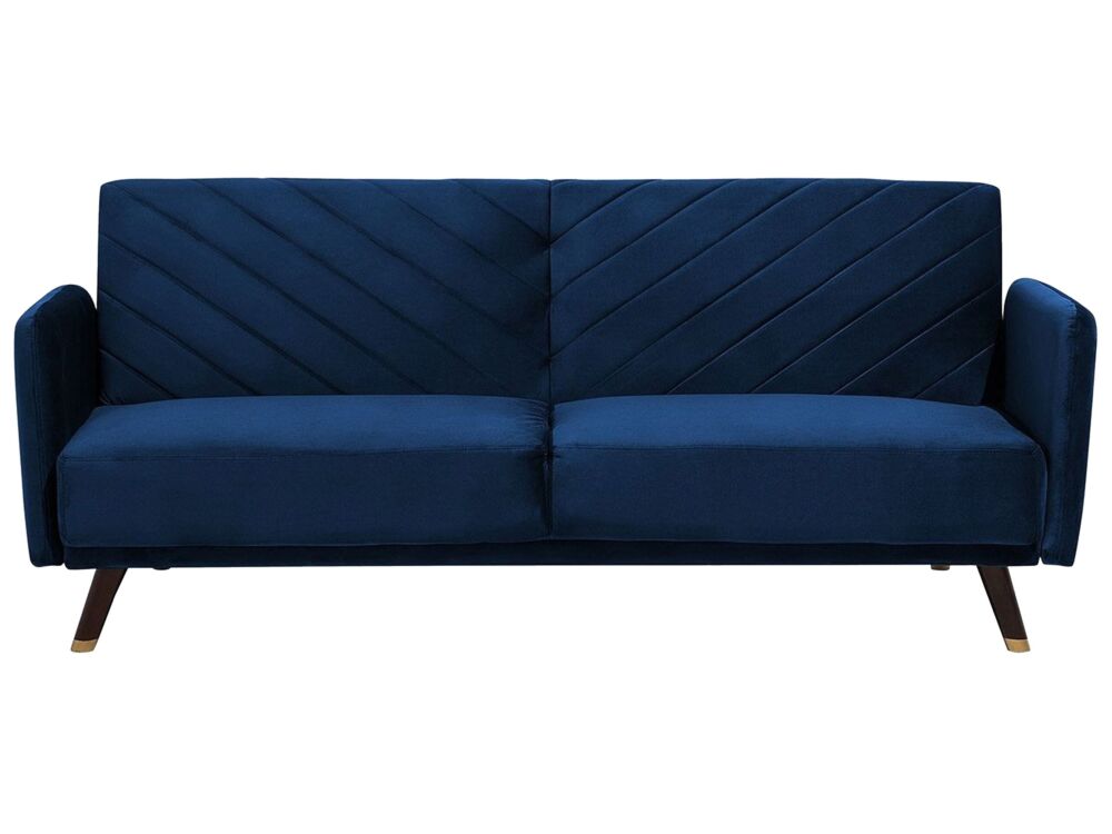 Sofa Bed Navy Blue Velvet Fabric Modern Living Room 3 Seater Wooden Legs Track Arm Beliani
