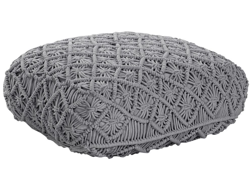 Floor Cushion Grey Cotton 50 X 50 X 20 Cm Macrame Pattern Square Fabric Seating Pouffe Beliani