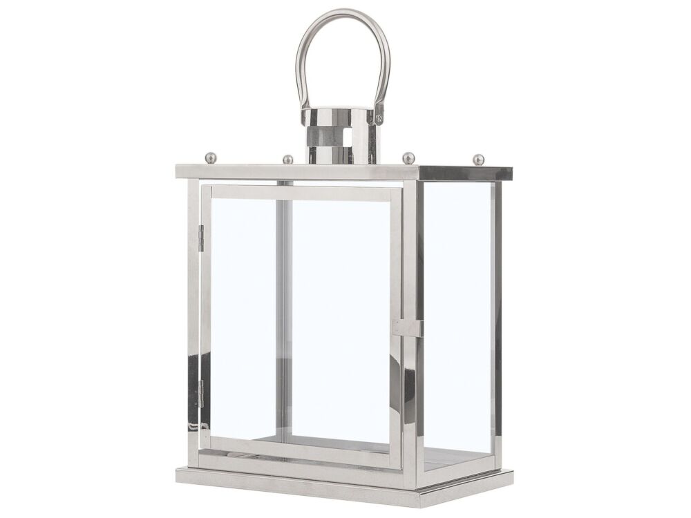 Metal Lantern Silver Stainless Steel H 49 Cm Pillar Candle Holder Beliani